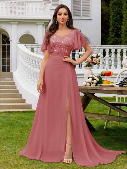 MIUSOL Vestido de fiesta formal largo de gasa con cuello de corazón, mangas con volantes de encaje con lentejuelas y abertura en el muslo