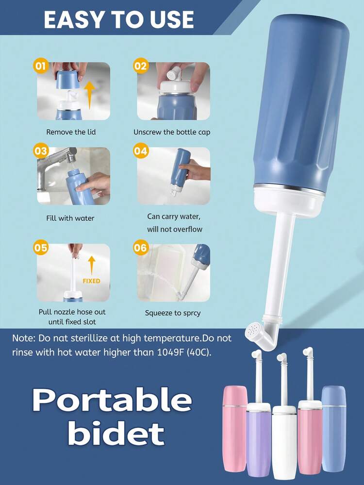 1个便携式产后及会阴护理瓶，一款便携式马桶，非常适合个人卫生清洁和旅行。它采用防漏设计，方便使用，并配有可拆卸储水箱。此外，还包含用于擦拭的长柄可折叠加长型臀部清洁器/沐浴刷工具，以及带挂钩的便携式冲洗瓶套装，适用于浴室个人护理。 - 彩色 - 查看 4