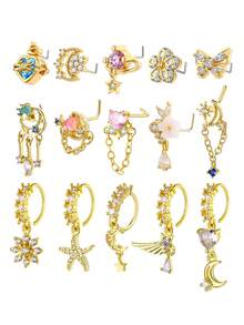 1-8 chiếc khuyên mũi bằng đồng Zirconia nhiều thành phần hình trái tim và hoa bạc, đinh mũi mạ vàng 18K, thích hợp làm trang phục hàng ngày và quà tặng mùa hè cho phụ nữ - Bạc - Xem 12