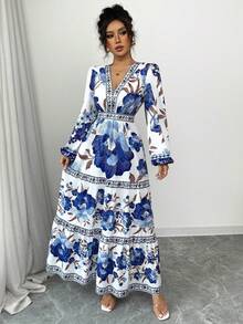Women's Maxi Dress With A Floral Print, A-Line Silhouette Fitted At The Waist, And Puff Sleeves. This Dress Is Elegant And Romantic, Perfect For Dates, Vacations, Holidays, And Other Occasions. - 藍色 - 查看 11