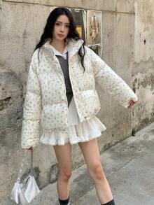 Winter Women Casual Loose Puffer Jacket Long Sleeve Floral Printed Stand Collar Short Pockets Padded Coat Korean Fashion Party Coats Christmas Outerwear Female Clothes Birthday Outfits