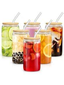 SELECTSHOP Set De 4 Vaso Tipo Lata De Vidrio Con Tapas Popotes De Vidrio Y Cepillo De Limpieza Vasos para Cerveza Taza de Café Helado Vasos de Cóctel Adecuados para Agua Jugo Sodaé Regalo (Set De 4) - Juego de 6 piezas - Ver 5