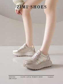 1 Pair Women's Round Toe Thick Sole Casual Sneakers, Gold/Silver Gump Style Lace-Up Outdoor Shoes, Suitable For Running, Hiking, All Seasons - Gold - View 7