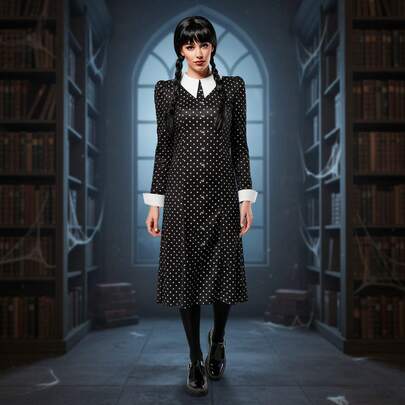 Santa Clara Wednesday Addams Costume For Women, Elegant And Mysterious Costume With A Black Dress With White Polka Dots And A White Collar, Available In Multiple Sizes, Ideal For Halloween And Parties