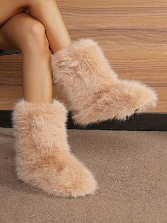 Women's Fluffy Boots, Furry Mid-Calf Fur Boots, Comfortable Outdoor Flat Shoes, Warm Fuzzy Suede Snow Boots For Winter