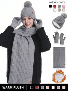 1-3pcs/Set Women's Winter Knitted Beanie Scarf Touchscreen Gloves Set, Thick Lined, Striped, Textured, Pompom Decor, Suitable For Skiing, Travel, Driving, Gifts Halloween Winter Accessories Halloween Decor