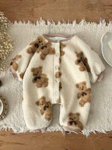 INS Baby Toddler Sherpa Bear Print Long Sleeve Thick Warm Jumpsuit, Autumn/Winter - Camel - View 3