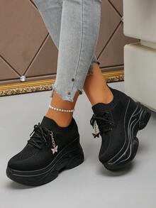 Women's Comfortable Casual Fabric Lace-Up Platform Wedge Sneakers, Solid Color Butterfly Design, Suitable For Outdoor Wear All Seasons