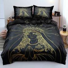 Conjunto de capa de edredom de microfibra com tema de misticismo gótico, 2/3 peças, estampa 3D, arte em linhas douradas, conjunto de roupa de cama estilo esotérico para decoração alternativa e eventos temáticos (tamanho 135x200, apenas 1 fronha)