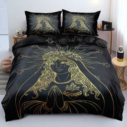 Conjunto de capa de edredom de microfibra com tema de misticismo gótico, 2/3 peças, estampa 3D, arte em linhas douradas, conjunto de roupa de cama estilo esotérico para decoração alternativa e eventos temáticos (tamanho 135x200, apenas 1 fronha)