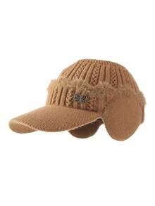 1pc Women's Solid Color Knitted Beanie Hat With Letter Design, Thermal Lined, Suitable For Outdoor Activities, Casual Wear