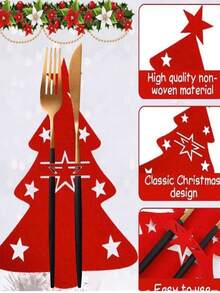6 piezas/12 piezas Portacubiertos de árbol de Navidad, Bolsillos de fieltro para cubiertos Decoración de mesa navideña Decoraciones para fiestas de Navidad - Rojo - Ver 6