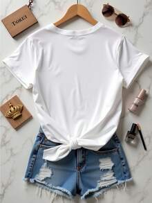 Mujer camiseta casual elegante holgada estampado tipográfico minimalista cuello redondo manga corta primavera-verano para oficina diario - Blanco - Ver 2