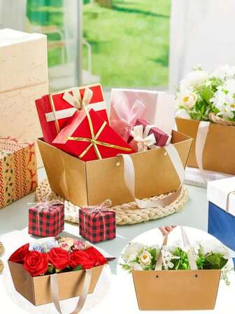 1/5 Pcs Of Festive Party Kraft Paper Box Bouquet Storage Boxes, Florist Packaging Bags With White Handles, Handbag-Style Packaging Baskets, Perfect For Weddings, Parties, Holidays, Birthday Gifts, Flower Storage, Bouquet Packaging, Florists, Gift Bags, And Providing Elegant Packaging For Gifts To Friends And Family.