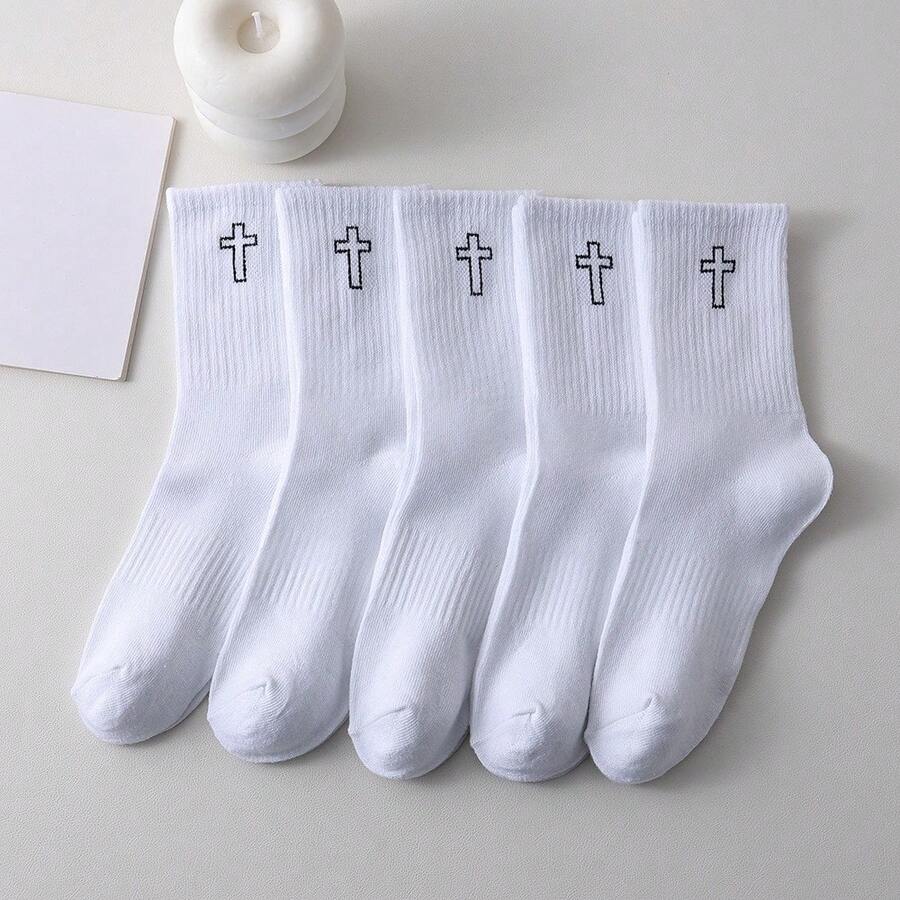 1 Pair Of Women's Black And White Simple Cross Pattern Socks For Spring And Autumn