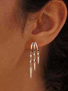 Women's Pendant Earrings, Collegiate Style Christmas Gift, Petite Silver Stud Earrings, Long Silver Triple Drop Earrings, Delicate Water Drop Earrings, Women's Jewelry Accessories - Silver - View 3