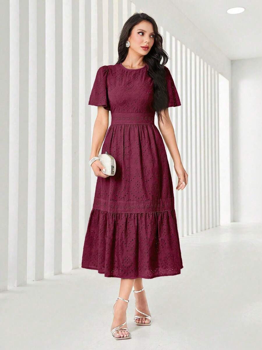 Women's Plain Midi Dress With Lining And Cut-Out Details, Featuring A Round Neckline, Puff Sleeves, Embroidery, And A Gathered Hem. - 中紫紅色 - 查看 1