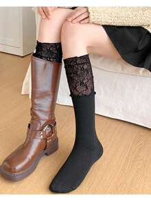 Women's Solid Color Calf Socks With Lace Trim, Layered Ballet Style, Thin For Spring/Summer, Suitable For Tall Boots - Multicolor - View 8