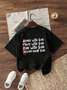 Tween Girl Casual Funny Print Crew Neck Short Sleeve T-Shirt Summer Tops - Black - View 3