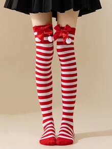 Meias versáteis com laço decorativo, meias listradas acima do joelho para mulheres, ideais para o Dia dos Namorados e feriados europeus e americanos.