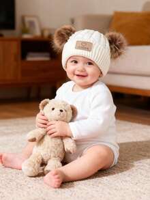 Baby Double Pom-Pom Knitted Hat With Braided Pattern And Car Logo Design The Car Logo Has A Heart FASHION Unisex For Girls Fashionable Casual Outfit For Autumn And Winter. - Double Pompom Knitted Hat - View 7