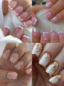 24pcs/Set Medium Square Shiny Colored French Manicure Nail Stickers, Containing Glter, Full Coverage Acrylic False Nails, Inclus 1pc Jelly Gel And 1pc Nail File, Suable For Women And S For Daily Work, Study And Garings - Nhiều màu 4 - Xem 1