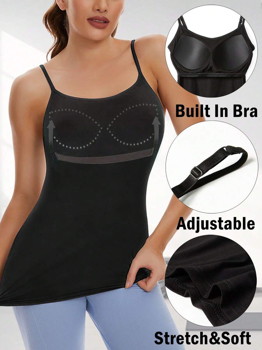 Womens Modal Built-In Bra Padded Camisole Yoga Workout Tank Tops Adjustable Straps Soft Basic Cami Undershirt - Black - View 1