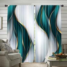 2D Flat, 2-Piece Festive Christmas Decor Window Curtains, Digital Print With Modern Teal & Golden With Abstract Wave Design, Christmas Window Curtain Gift For Bedroom, Living Room, Office, Night Curtain Suitable For General Festivities And Winter Holiday Parties, Perfect For Living Room, Kitchen, Bedroom, And Holiday Winter Decor, Outdoor Christmas Decorations, Rod Pocket Design, Fade-Resistant, Xmas Artistic Style - 彩色 - 查看 4