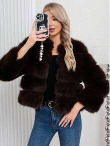 Elegant Women's Faux Fur Coat Brown Color Regular Sleeve Round Neck Wrist Length Contrast Faux Fur Design Warm Lined For Winter Christmas And New Year - Coffee Brown - View 2