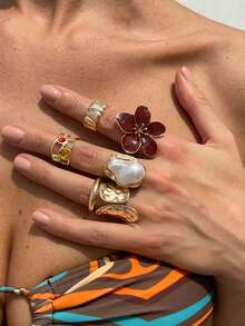 6 Stücke/Set Flüssige Lava Blumen Offener Ring Set, Barock Kunstperle Eingelegt (Für den täglichen Gebrauch von Frauen)