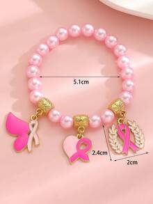 2pcs Elegant Fashion Pink Ribbon Pendant Breast Cancer Awareness Layered Bracelet Set, Heart Bow Faux Pearl Design Women's Beaded Bracelet Accessory Set, Suitable For Daily Wear, Party, Vacation, Holiday, Anniversary Gift - Pink - View 5