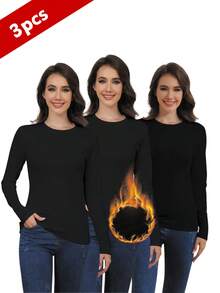 3 Pack Round Neck Long Sleeve Regular Thermal Underwear Top  Thick And Keep Warm Warm Top - Black - View 1