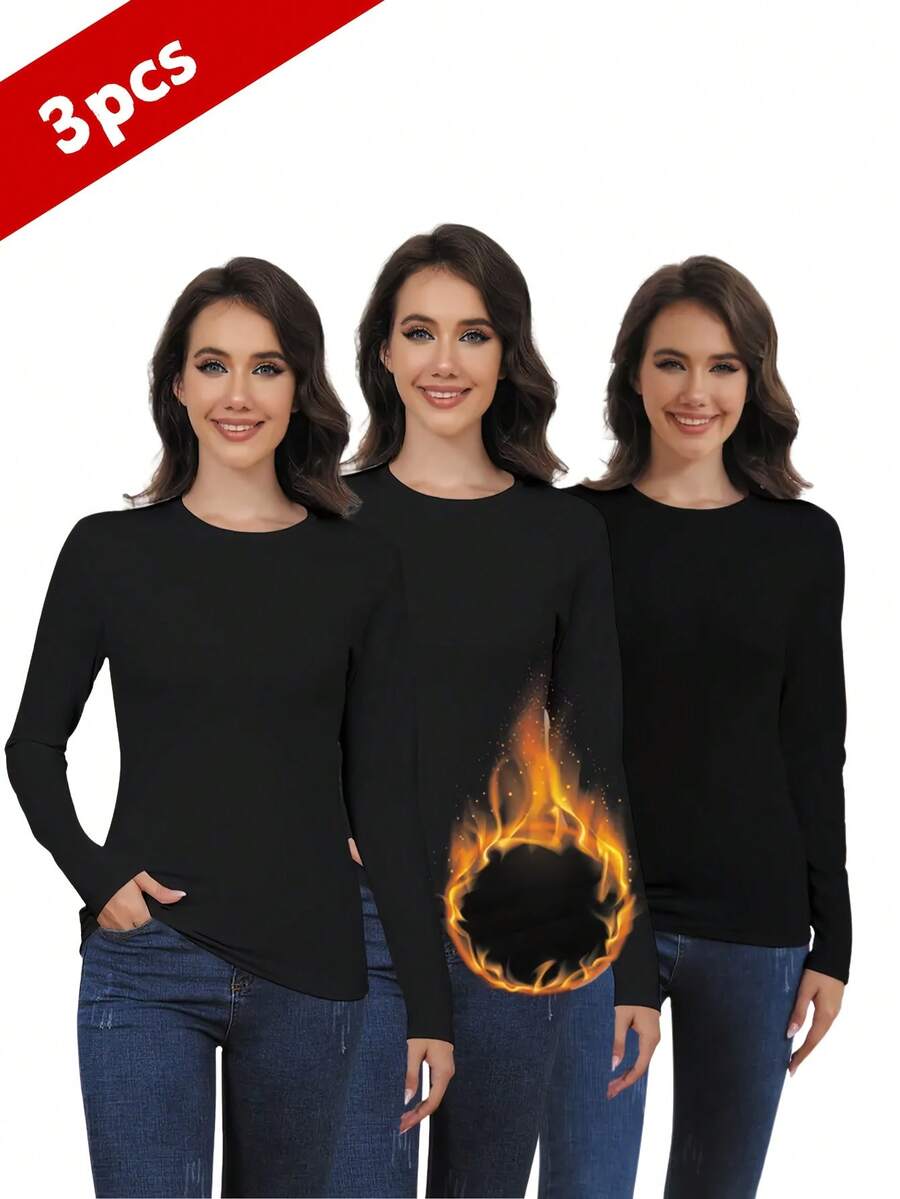 3 Pack Round Neck Long Sleeve Regular Thermal Underwear Top  Thick And Keep Warm Warm Top - Black - View 1