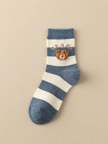 2/5 Pairs Women's Multicolor Combination Socks, Double Flocked Bear & Striped Patchwork, Breathable Knit Fabric, Spring/Summer Couple Style, Casual Versatile, Sweet Cute Sailor Socks, Suitable For Home, Commute, Date, School, Holiday Gift - Multicolor - View 11