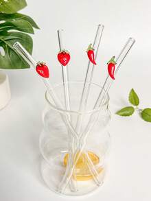 1/2/4Pcs Reusable Glass Straws With Red Strawberry/Chili Charms, Cute Bent And Clear Glass Drinking Straw With Cleaning Brush, For Kitchen Accessories, Water Cup,Cold Drinks, Milk Tea, Coffee, Juice, Smoothies, Kitchens, Restaurants, Cocktail Parties, Back-To-School, Gifts For Girlfriends/Boyfriends, Parents, Friends, Holiday Supplies.New Year, Valentine's Day. - Style 1 - View 5