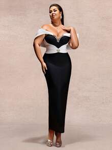 Plus Size Women's Off Shoulder Colorblock Bodice Zipper Detail Formal Evening Gown, Suitable For Wedding, Party, Autumn/Winter