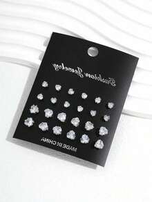 24pcs/Set Fashionable Minimalist Sparkling Cubic Zirconia Stud Earrings For Party, Date And Daily Wear - 銀牌 2 - 查看 11