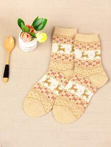 5 Pairs Of Cozy Reindeer Print Mid-Calf Socks - Warm, Thick Christmas Socks For Women, Festive Animal Design In Red, Beige, Brown, And Navy Blue, Perfect For Holiday Celebrations, Christmas Socks,Christmas Surprise Gifts,Valentine's Day Gifts, New Year's Gifts - Multicolor - View 10