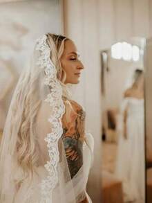Bride Wedding Mid-Length Lace Trim Luxury White Retro Veil Bridal Accessory, Photo Shoot - White - View 3