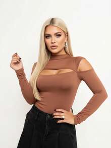 Bori Women's Bodysuit Long Sleeve Cutout Bust Hollow Out Sleeve High Neck Chic Timeless Leotard Second Skin - 鏽棕色 - 查看 1