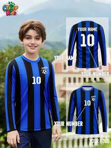 1pc Customized Children's Milan Long Sleeve Football Training Jersey - Personalized With Name And Number (Front/Back) - Blue And Black Striped Design - Quick-Dry And Breathable - Suitable For Football, Volleyball, Basketball, Casual Wear, And An Ideal Gift For Halloween, Thanksgiving, Christmas, And New Year - Blue - View 1