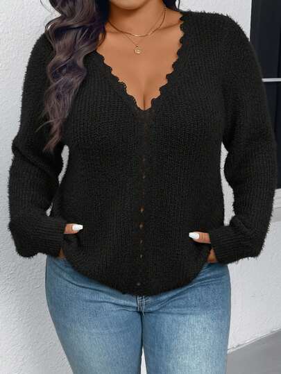 Plus Size Women V-Neck Solid Color Casual Lace Sweater