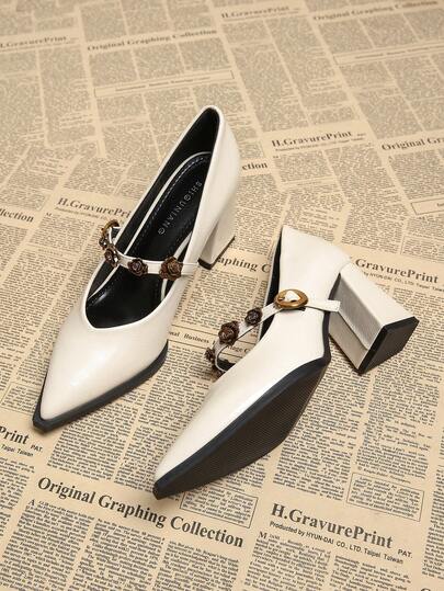 Women's Fashion 2026 Spring New High Heel Shoes, Casual Solid Color Beige, Black, Brown Pointed Toe Metal Decor Elegant Minimalist Chunky Heel Loafers