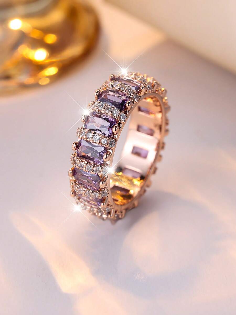 1 件奢华矩形紫色方晶锆石玫瑰金镀层女士戒指，适合节日、派对和日常佩戴，四季皆宜 - 紫色 - 查看 1