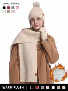 1-3pcs/Set Women's Winter Knitted Beanie Scarf Touchscreen Gloves Set, Thick Lined, Striped, Textured, Pompom Decor, Suitable For Skiing, Travel, Driving, Gifts Halloween Winter Accessories Halloween Decor