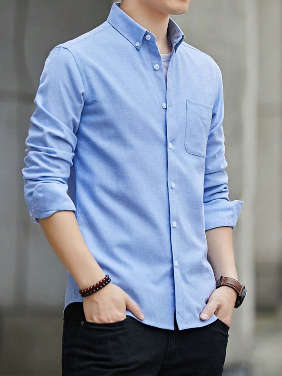 Camisa de manga larga de color azul sólido clásica para hombre, elegante de negocios casual caballerosa - Azul - Ver 1