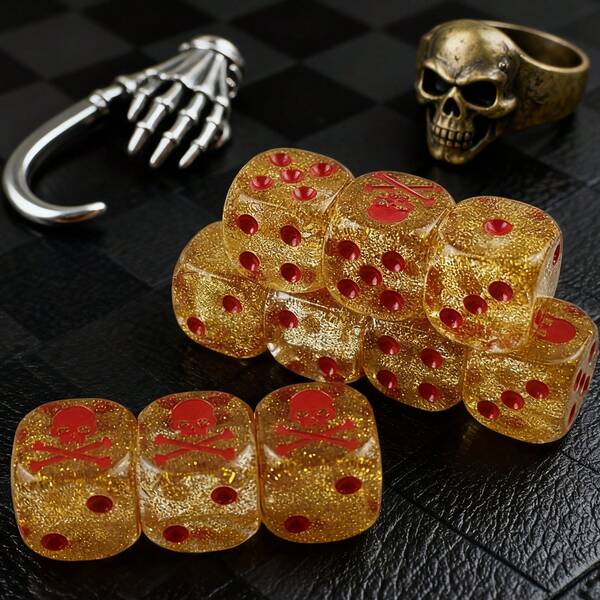 5 Stück goldener Glitzer Schädel Würfel Set, dunkler Gothic Stil Brettspiel Zubehör