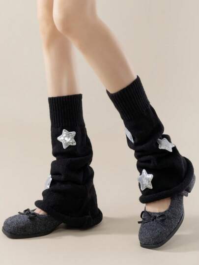 1 Pair Women Solid Color Leg Warmers, White Calf Leg Warmers With Star Pendant, JK Lolita Stockings, Black Long Knitted Leg Warmers