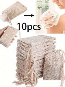 10Pcs Reusable Exfoliating Soap Saver Pouch, Sisal Soap Bag With Drawstring,Soap Bag Foaming Net; Facial Soap Net Soap Saver Bag, Knotted Shower Soap Bag For Foaming And Drying, Body Scrubber, Back Scrubber Skin Smoother For Exfoliating Dirt And Dead Skin, Body Cleaning Tools, Bathroom Supplies, Bathroom Accessories Home Bathroom Decor
