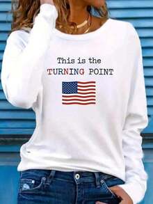Camiseta de protesta de manga larga con cuello redondo para mujer "Este es un punto de inflexión" - Camiseta casual suave y cómoda para todas las estaciones con estampado de bandera y símbolo, regalo de declaración política para ropa - Blanco y azul marino Parte superior corta con hombros descubiertos - Blanco - Ver 1